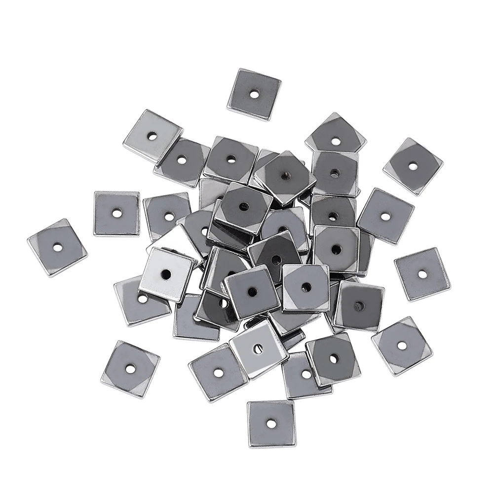 50pcs 6mm Platinum Plated Flat Square Beads Non-magnetic Synthetic Hematite Spacer Beads for DIY Bracelets Jewelry Making