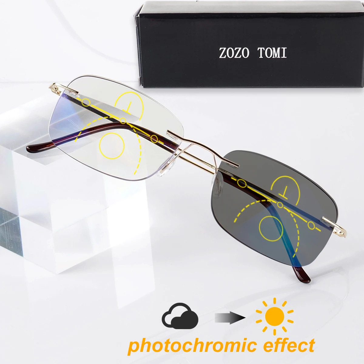 Men Women Progressive Reading Glasses Photochromic Rimless Design Exquisite Metal Temples Lightweight Comfortable Wear Eyewear