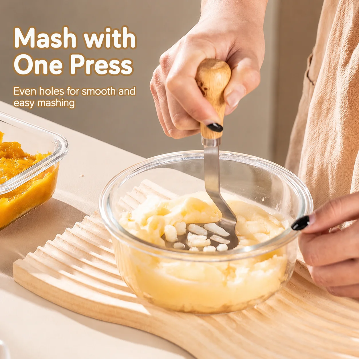Stainless Steel Potato Masher Wooden Handle Baby Food Grinder Manual Mashed Potato Press Vegetable Fruit Puree Kitchen Tool