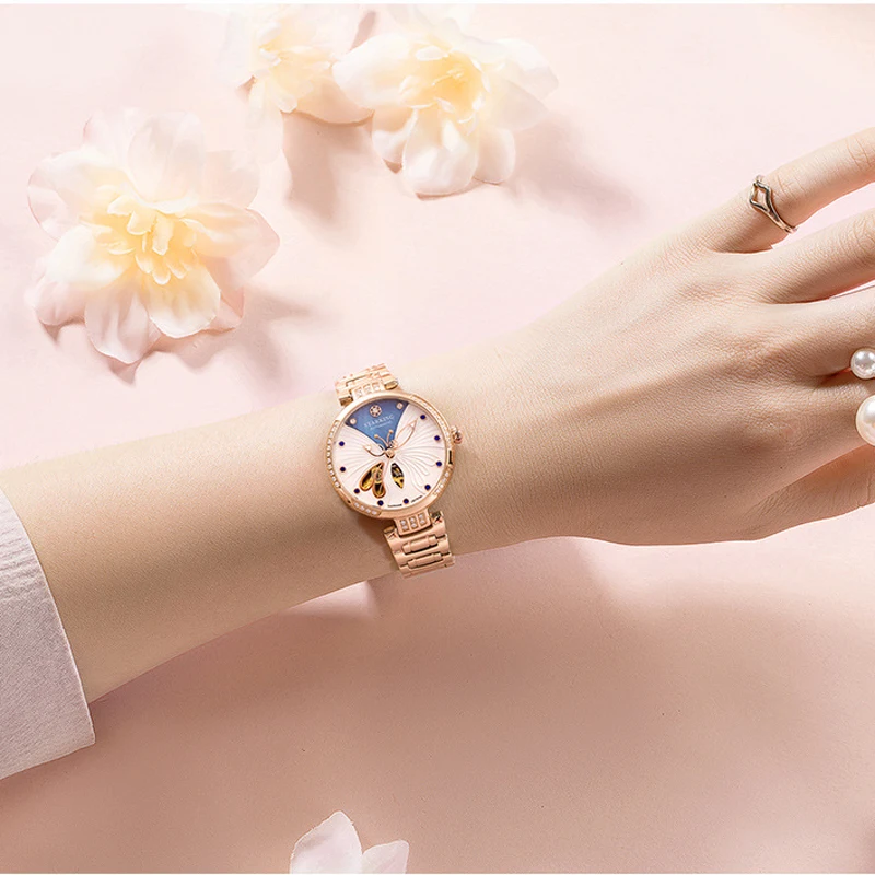 MIYOTA-reloj mecánico automático para mujer, accesorio de lujo con esfera de diseño de mariposa, zafiro dorado rosa, movimiento