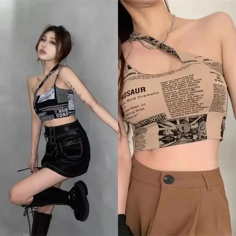 Korean Japan Style One-Shoulder Sports Bra, Sexy Outerwear Fitness Top with Newspaper Print, Women's raining Tank Yoga Outfit