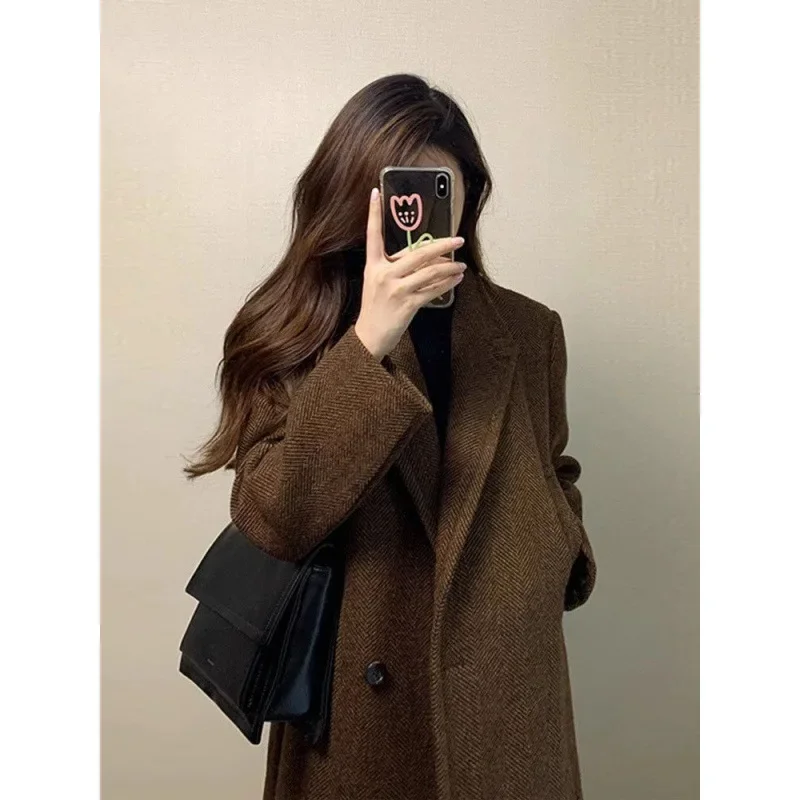 2024 New Korean-style Khaki Woolen Coat with High Sense and Over-the-knee Length for Women