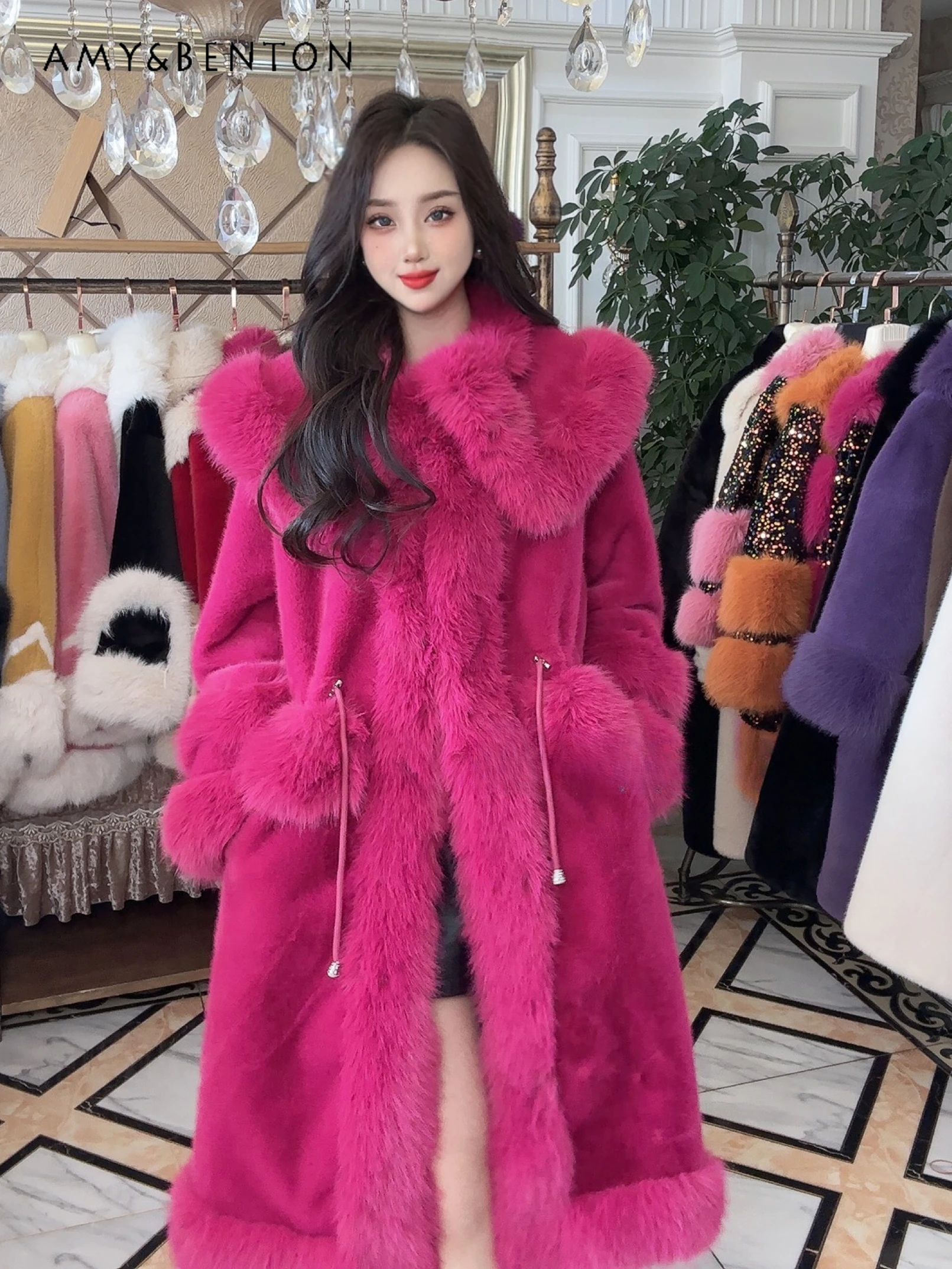 

Winter High-Grade Fashion Plush Lapel Toka Fox Fur Jacket Thick Warm Drawstring Lace Slim Fit Elegant Midi Jackets for Women
