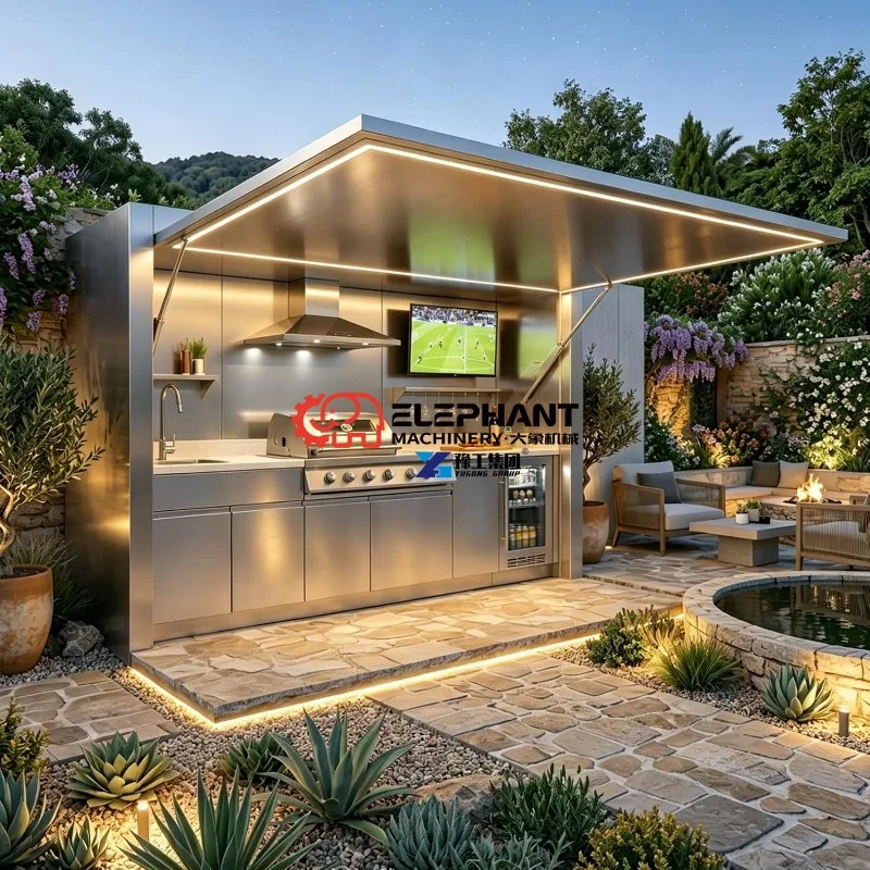 Outdoor Kitchen Island Prefab Kits with Roof Sink Grill Burners Storage Cabinet Refrigerator Patio and Backyard Cooking Pod