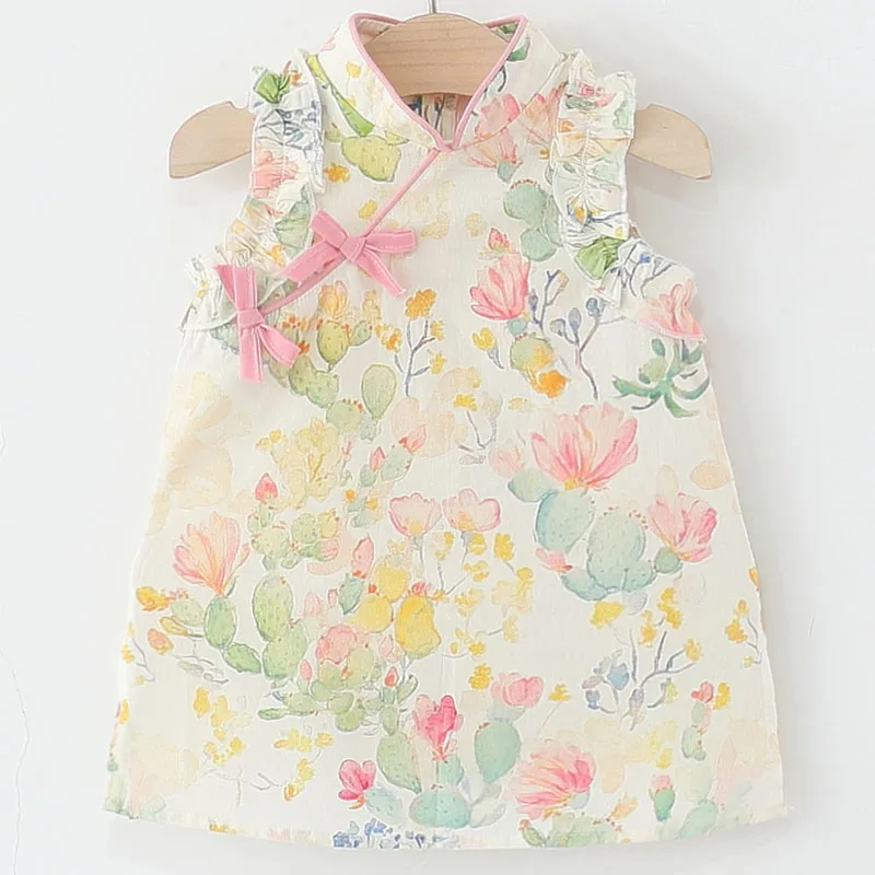 Summer Kids Dresses For Girls China Style Cheongsam Fashion Cute Bow Flowers Print Sleeveless Cotton Toddler Princess Dress B150