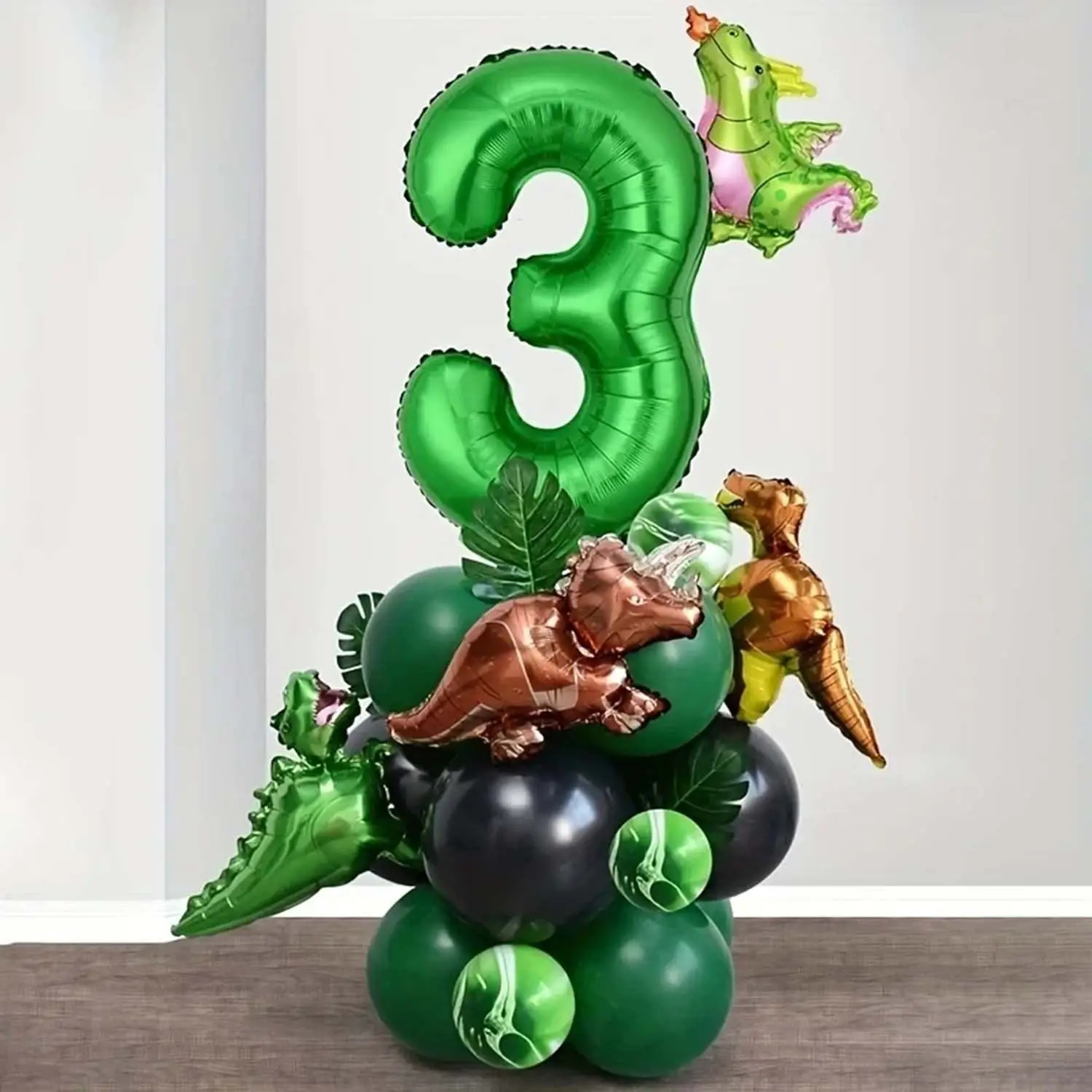 25-teiliges Grünes Dschungel-Dinosaurier-Dekorationsset für Jungen-Geburtstagsfeier, Zahlenballon, Säule, Tyrannosaurus Rex, Feuerdrache – Detail 5
