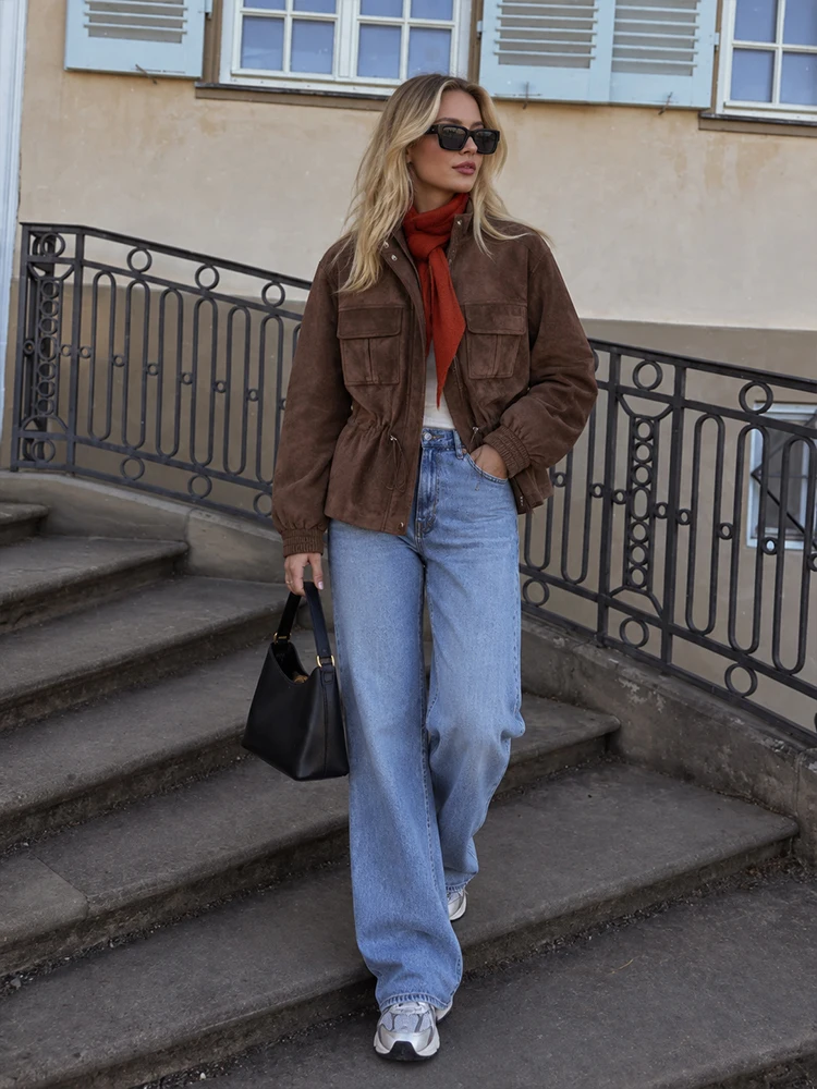 HH Streetwear Cool Brown Faux Suede Zip Snap Chest Pockets Drawstring Waist Edgy Utility Fashion Jacket Women Fall Outerwear