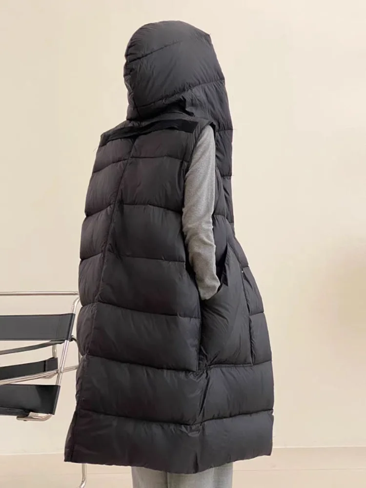 Sleeveless Hooded Down Jackets for Women, Windproof Waistcoat, Long Down Vest, Simple and Classy, Fashion Outerwears