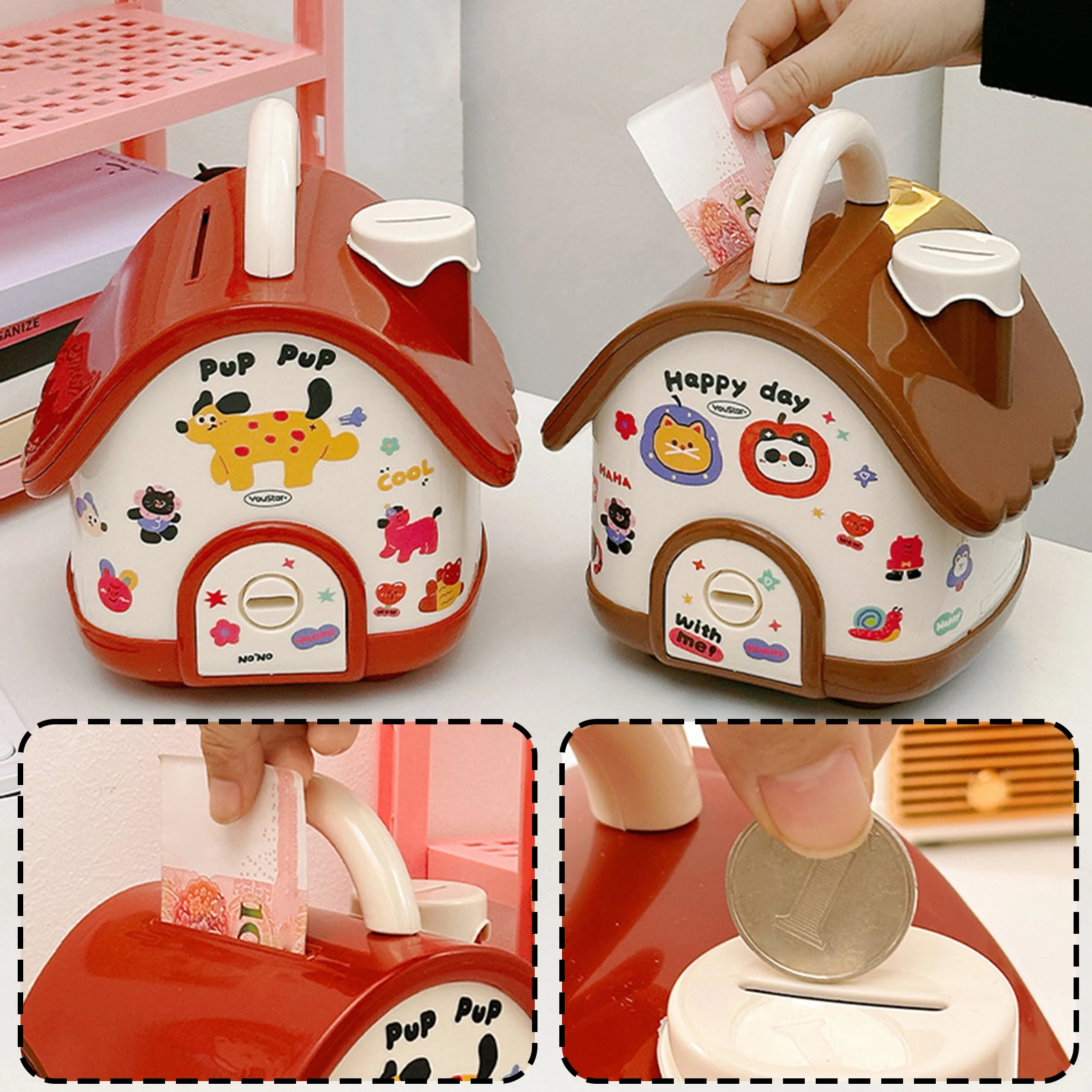 Leuke spaarpot, munt, papiergeld, geldkist, bewaarpot voor de ontwikkeling van financiële vaardigheden en vooruitzichten op welvaart bij kinderen.