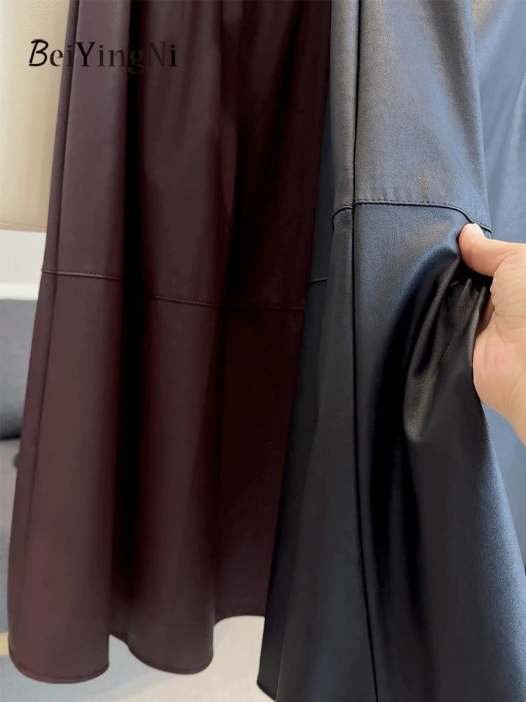 Damskie skórzane spódnice Beiyingni z wysokiej jakości skóry, jednolite kolory, rekreacyjne, jesień-zima 2025, damska spódnica w kształcie litery A z PU, łączone, codzienne faldas