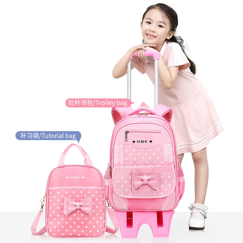 2024 Korean dot printed children backpack for teenage girls Cute bow waterproof kids school bags 2/6 wheels Trolley schoolbag