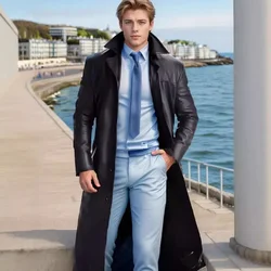 Autumn American Male God Fashion Temperament Solid Color Slim Fit Leather Extended Leather Coat New Men's Outerwear Coat S-5XL