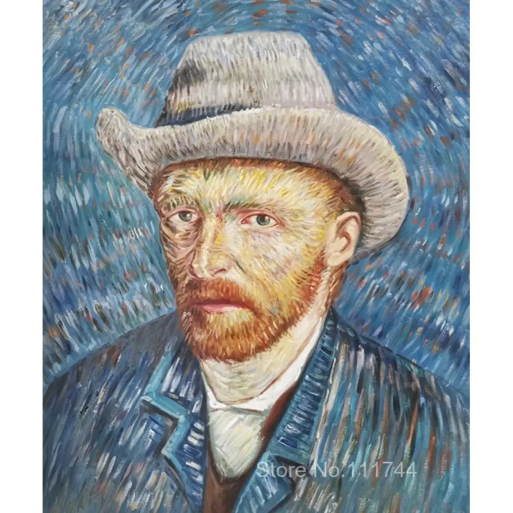 

Canvas Art Oil Painting Self Portrait with Hat Vincent Van Gogh Replicas Hand Painted Modern Blue Artwork for Hallway Wall Decor