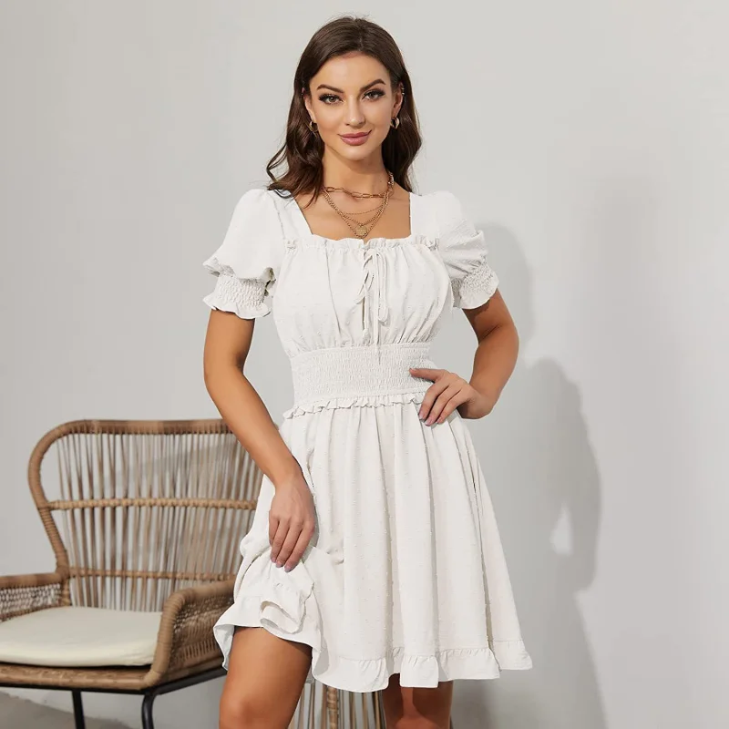 2023 Summer European and American Square Collar Puff Short Sleeve Pleated Waist Backless Lace-up Dress