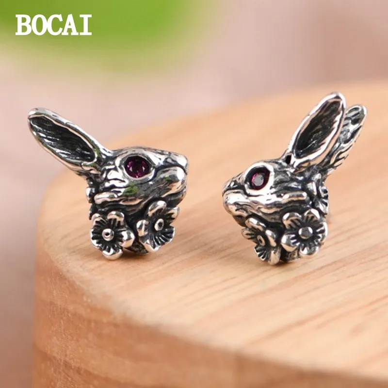 

BOCAI NEW S925 Sterling Silver Vintage Personalized Trendy Design Small Flowers Rabbits Earrings Women's Style Gift