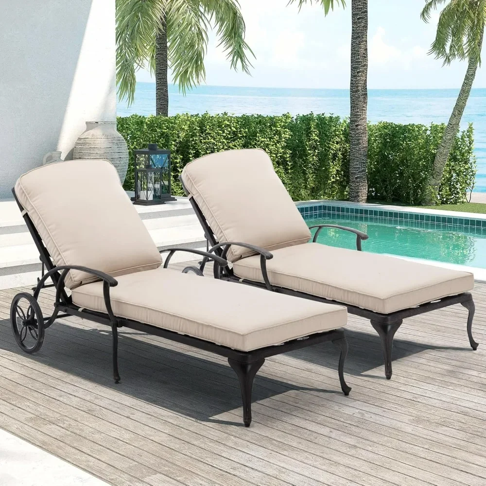 Lounge Chair ，Set of 2 Patio Pool Chairs Tanning Lounges for Outside Beach Lounger Reclining Cast Aluminum