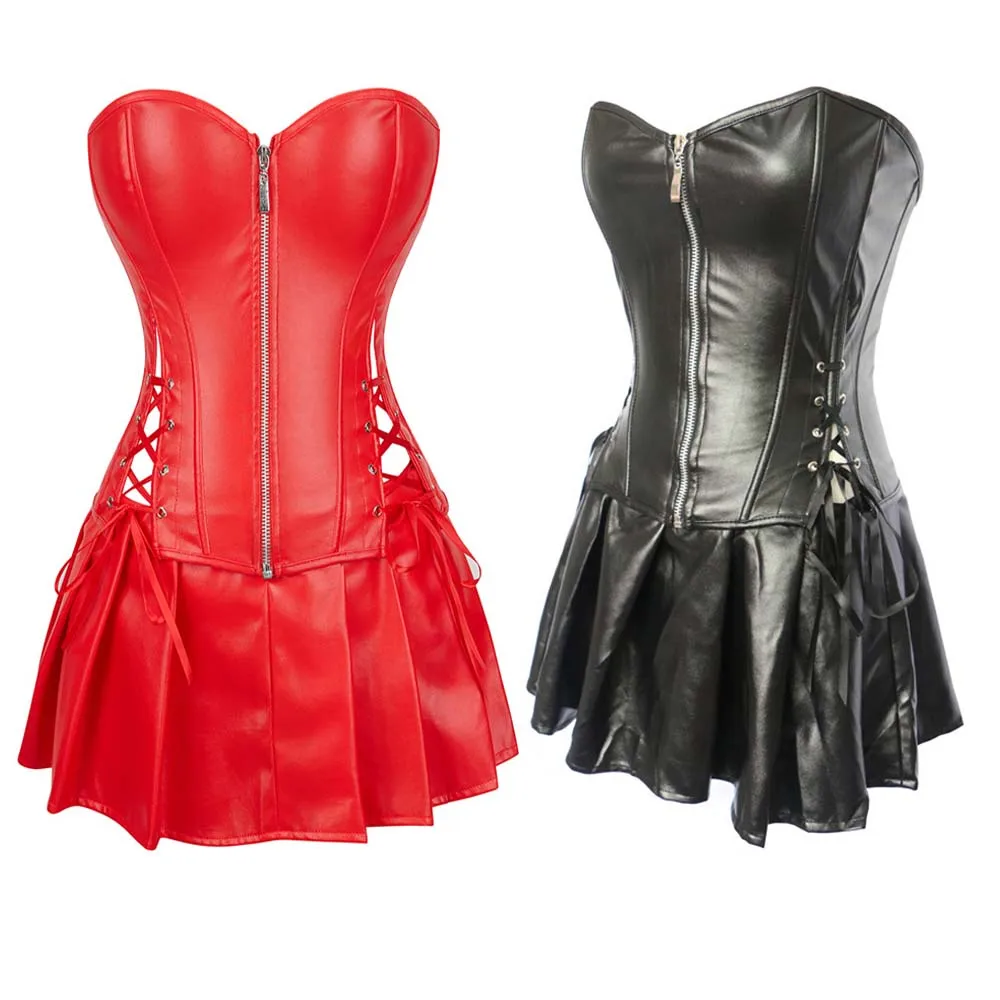 Women Corset Sexy Party Dressing Slim Shaper Push Up Women Faux Leather Corset Dress Gothic Punk Corset With Skirt Plus Size 6XL