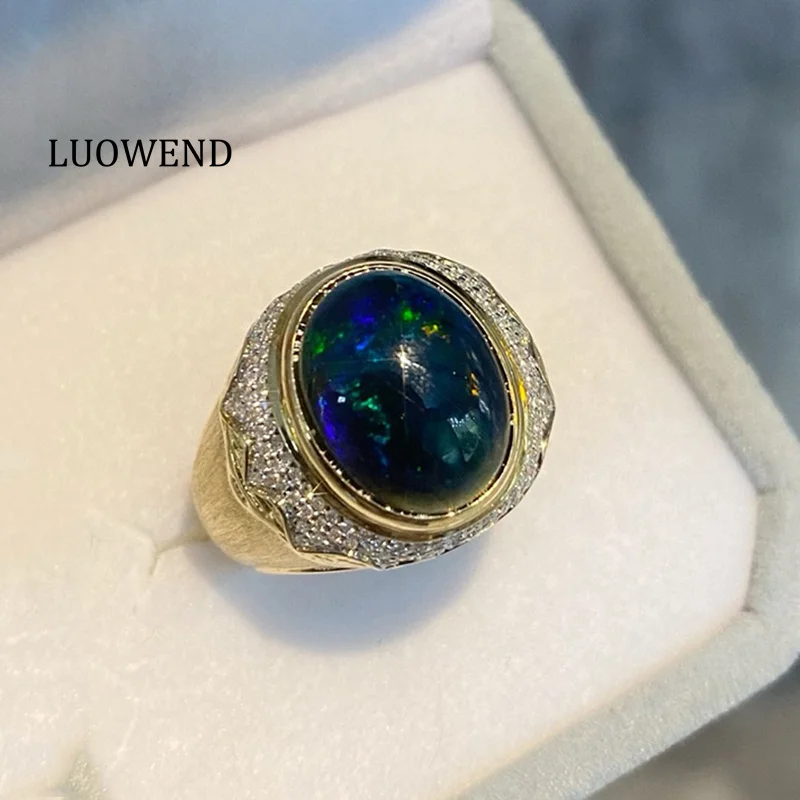 

LUOWEND 100% 18K Yellow Gold Rings Luxury Palace Style Natural Diamond Natural Black Opal Ring for Women High Party Jewelry