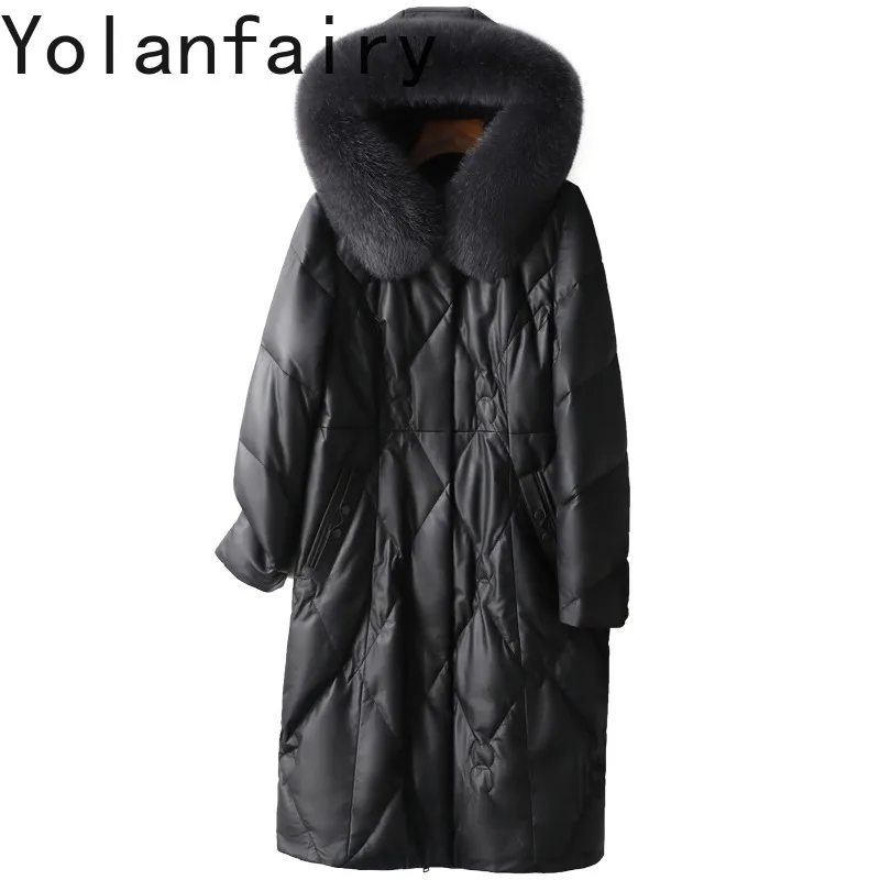 Doudoune longue en cuir de mouton véritable pour femme, col en fourrure de renard, parkas à capuche noires, blanc, canard, nouveau, hiver, 2024