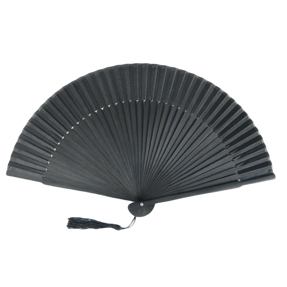 Men Black Foldable Fan Black Bamboo Bone Gentleman Elegant Handheld Fabric Fan Chinese Style (One Fan + One PP Bag)
