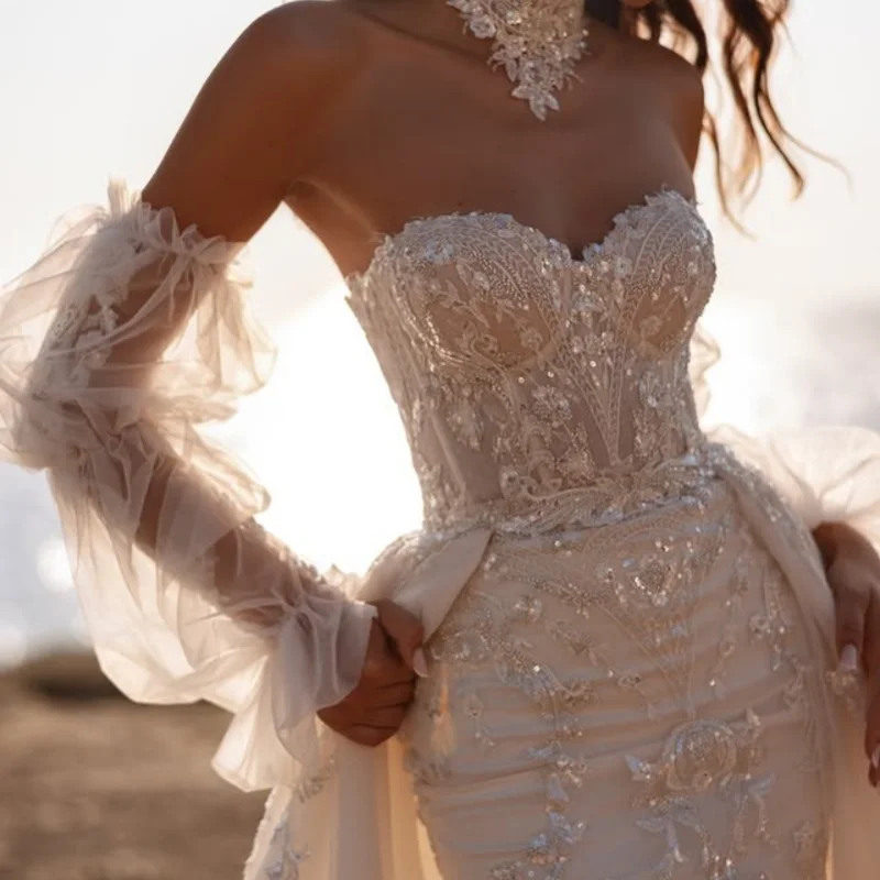 

White Appliques Wedding Dresses of off-shoulder fishtail glitter decal Long tail Bridal Gowns Made Customized