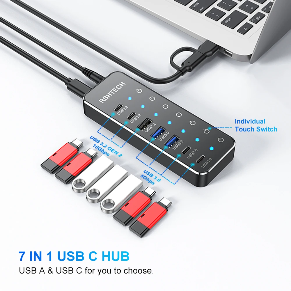New Design Usb Por Hub With Individual On/Off Switches and Lights 7 Output Usb C Hub