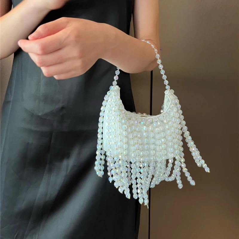 

Transparent Acrylic Beaded Tassels Evening Bag Luxury Designer Hobo Handbag Banquet Party Silk Satin Underarm Clutch Bag