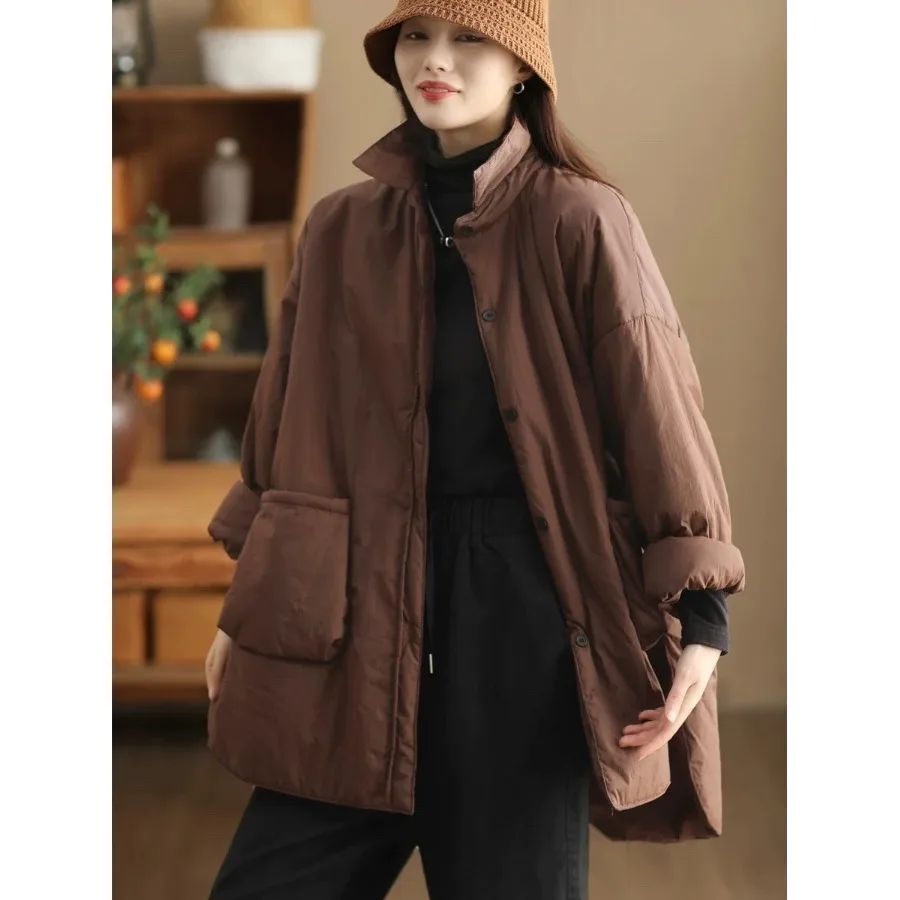 SuperAen Vintage Design Asymmetrische Mode Effen Kleur Katoenen Jas Dames Winter 2024 Nieuwe Zak Gewatteerde Jassen Met Lange Mouwen