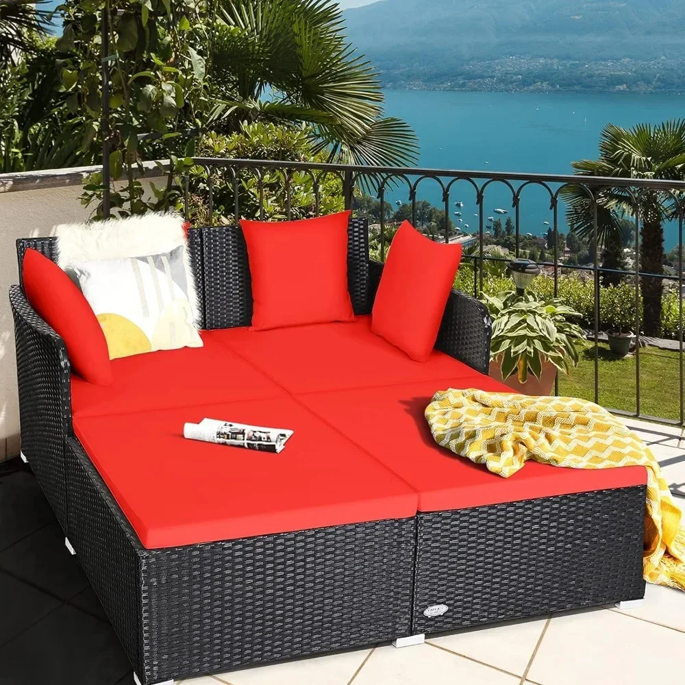 

Outdoor Rattan Daybed, Patio Loveseat Sofa Set W/Comfortable Cushions Extra Pillows & Metal Foot, Sunbed Wicker Furniture