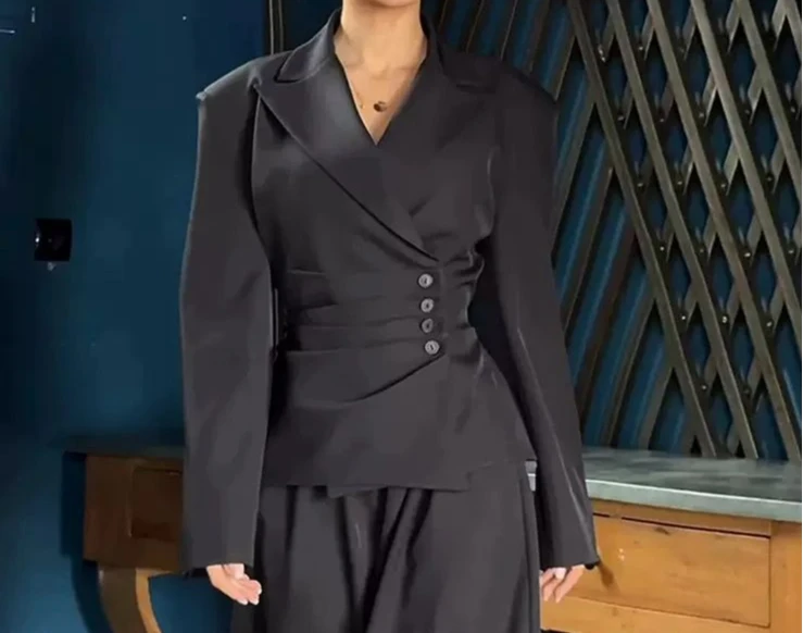 Design Pleated Single-breasted Blazer Women's Fashion Lace-up Waist Suit Jacket Women