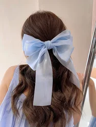 Sweet Blue Shining Satin Bowknot Hair Clip Big Ribbon Bow Barrette Solid Color Scarf Hairpin Ponytail Clip Hair Accessories