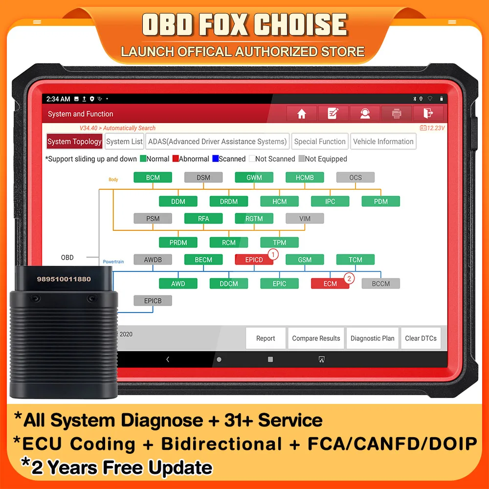 

LAUNCH X431 PRO3S+ V2.0 10.1" Car Diagnostic Tools ECU Coding Topology Bi-Directional 31+ Service VAG Guide CANFD DOIP FCA
