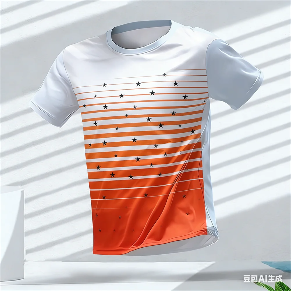 Modisches Streifenmuster 3D Farbblock-Print Herren T-Shirt Sommer Lässiger O-Ausschnitt Lockeres Oberteil Outdoor Laufen Fitness Sport Kurzarm – Detail 4