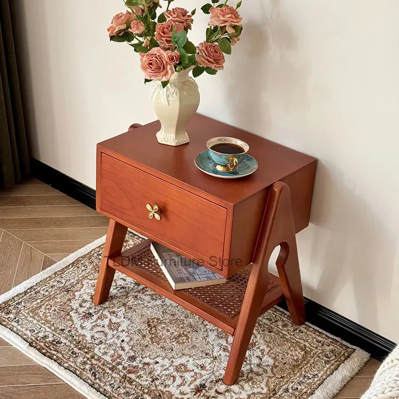 Wood Nightstand Single Drawer Flower Shape Knob Woven Lower Storage Shelf Triangle Cutout Leg Retro Bedside Table for Bedroom