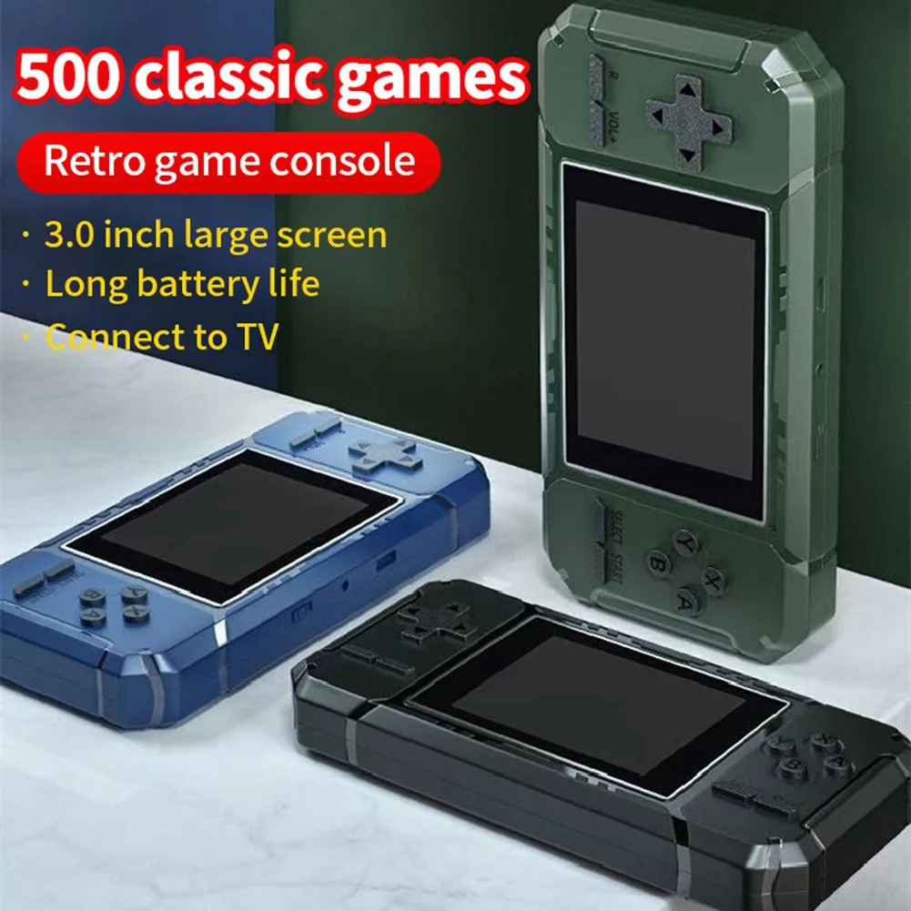 Retro Portable Mini Handheld Game Console 8-Bit 3.0 Inch Color Screen LCD Game Player Built-in 500 Games-Green