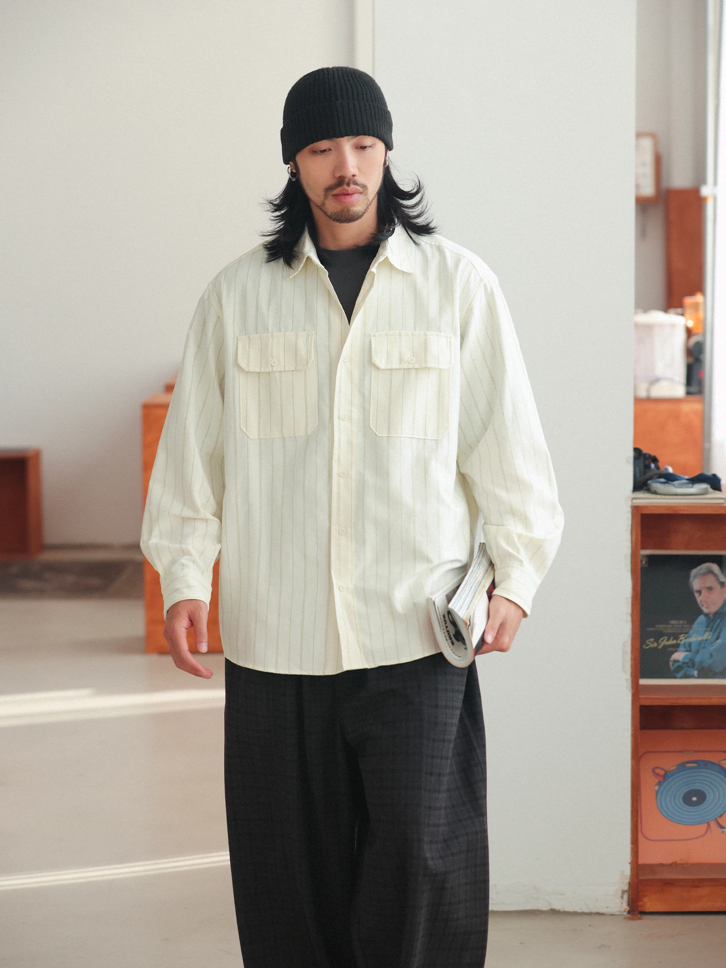 

NOEARS Осенняя рубашка с длинным рукавом, свободного кроя, с полосками светло-коричневого цвета, в стиле ретро, с накладными карманами, дышащая, из чистого хлопка, мужская.