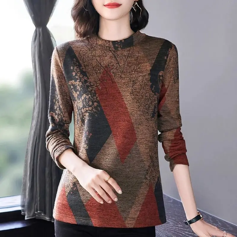 Women's Round Neck T-shirt 2023 Autumn and Winter Fashion Contrast Color Printed Argyle Loose Fitting Long Sleeved Pullover Tops