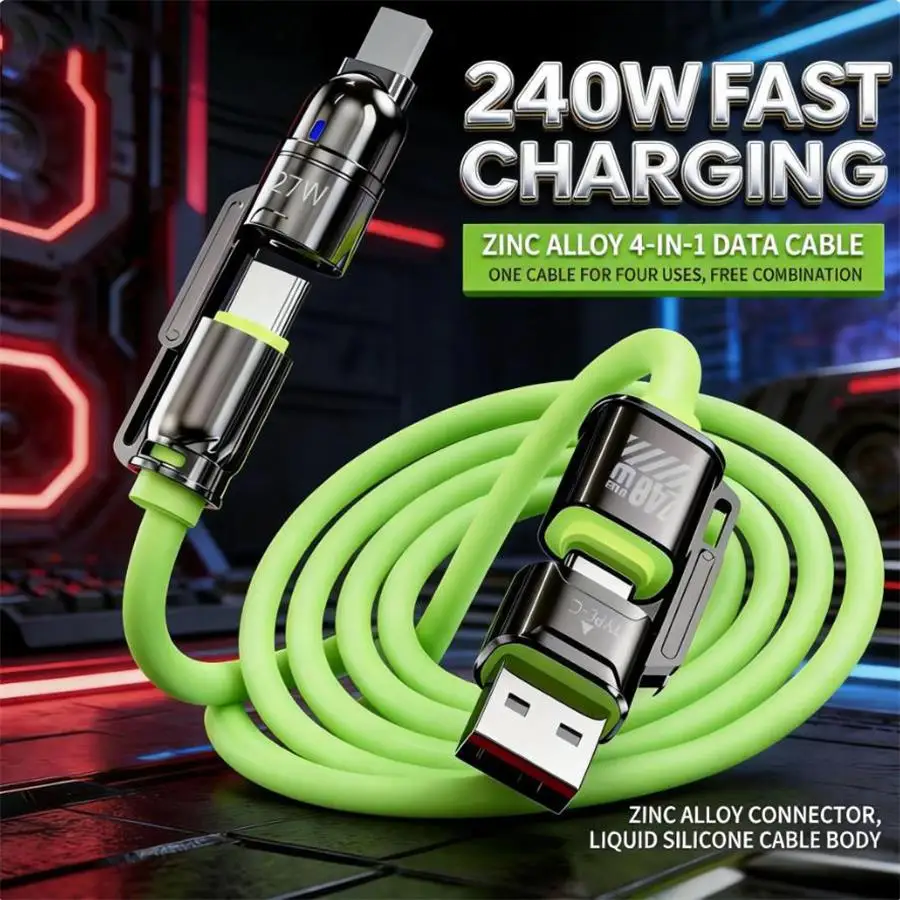 240W Fast Charging 4 in 1 USB C Data Cable Transfer Lightning+USB Ports Phone for Phone17 iPhone Samsung Huawei Xiaomi