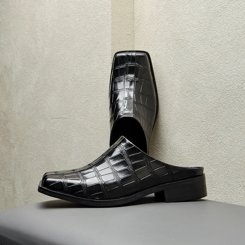 Men Black Pattern Square Toe Mules Slip‑on Block Heel Leather Casual Slippers