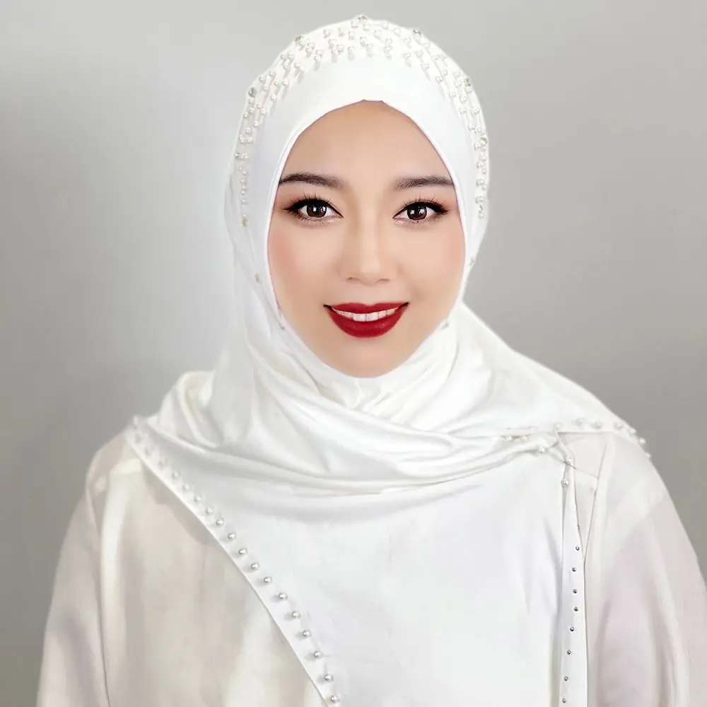 

Внутренние шапки хиджаба, мусульманский хиджаб с бисером, полное покрытие, сплошной цвет, турецкая повязка на голову, шарф, эластичный мягкий тюрбан, женская кепка