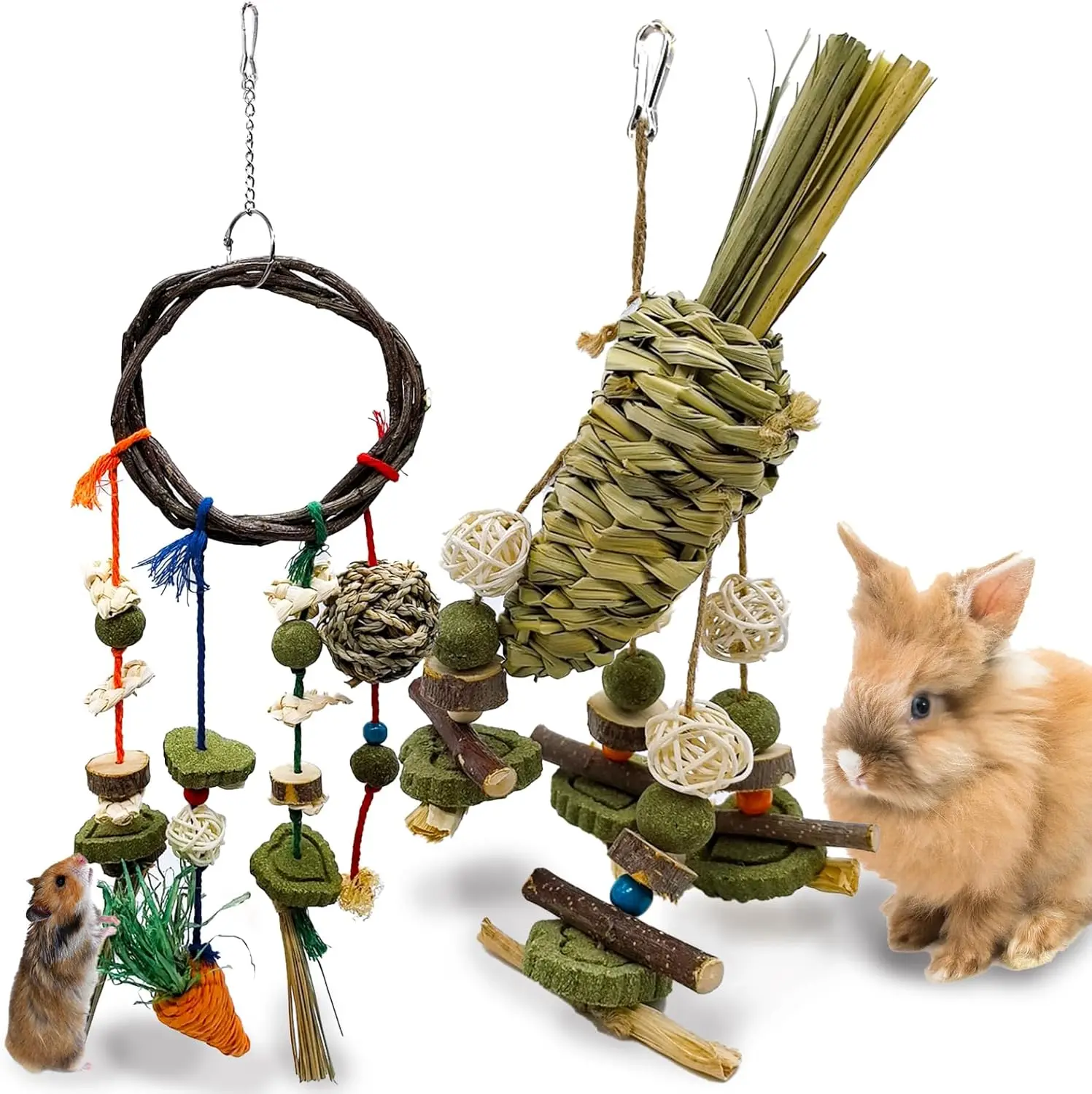 

Rabbit Chew Toy, 2Pcs Bunny Cage Hanging Chew Toy & Treats,Natural Material Handwoven Chinchilla Rattan Ring Treats Toys for Gui