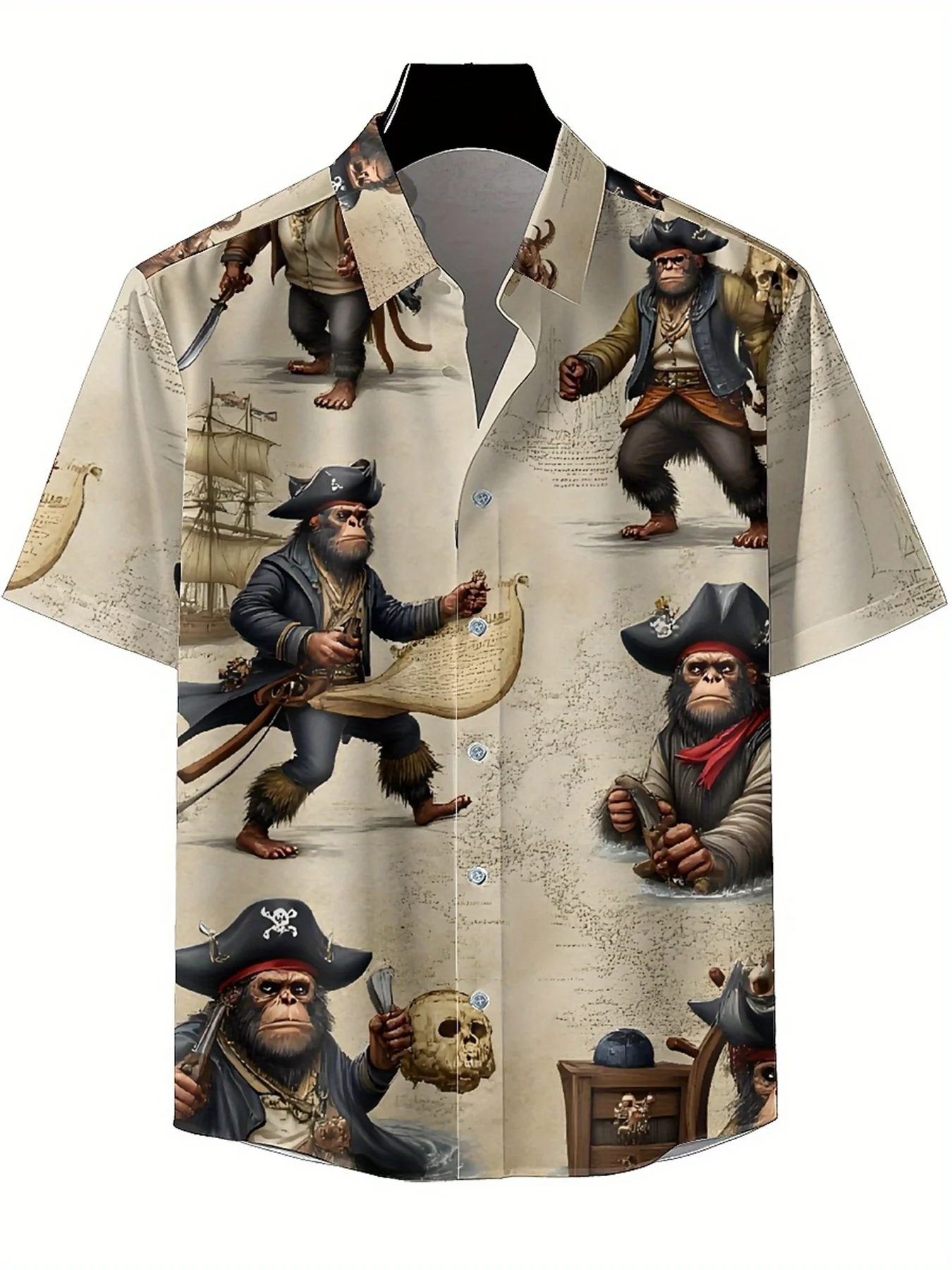 Men's Plus Size Hawaiian Shirts Pirates and Gorillas Pattern,Premium Comfort Youth Clothes,Y2K Tops