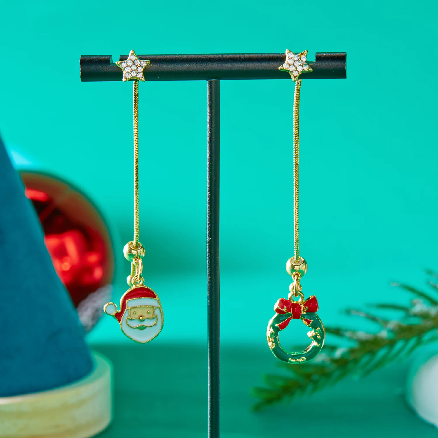 Beweglicher Weihnachtsmann Asymmetrische Lange Quasten-Ohrringe für Frauen Weihnachtsbaum Schneeflocke Stern Zirkon Ohrring Neujahrs-Schmuck – Detail 4