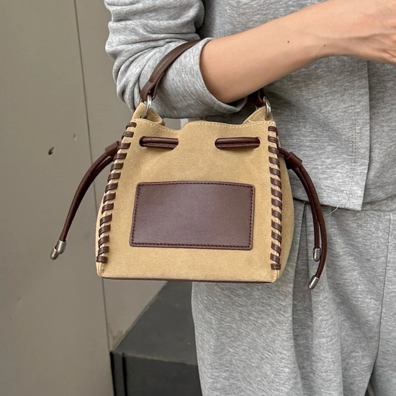 

Suede contrast drawstring bucket bag 2025 new niche design vintage y2k one-shoulder crossbody bag fashionable ladies handbag