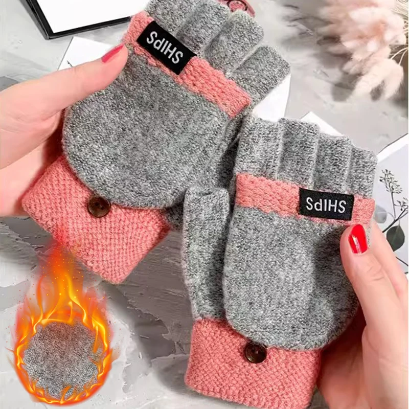 

Warm Knitted Flip Fingerless Gloves Girls Exposed Harf Finger Mittens Winter Thickened Glove Knitting Wool Touchscreen Gloves