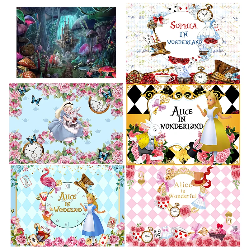 Cartoon Forest Scene Flowers Photo Background Baby Shower Decorations Alice In Wonderland Enchanted Photography Backdrop