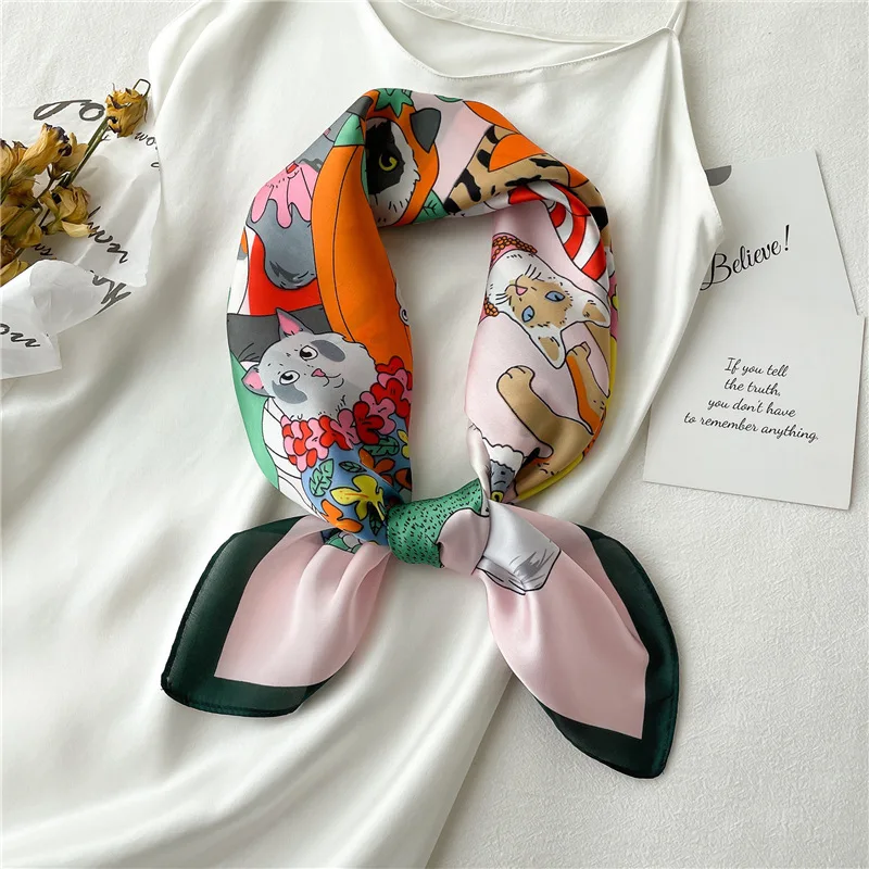 Cartoon Cat Square Imitation Silk Scarf Spring and Summer Head Wrap For Women Multifunction  Neckerchief