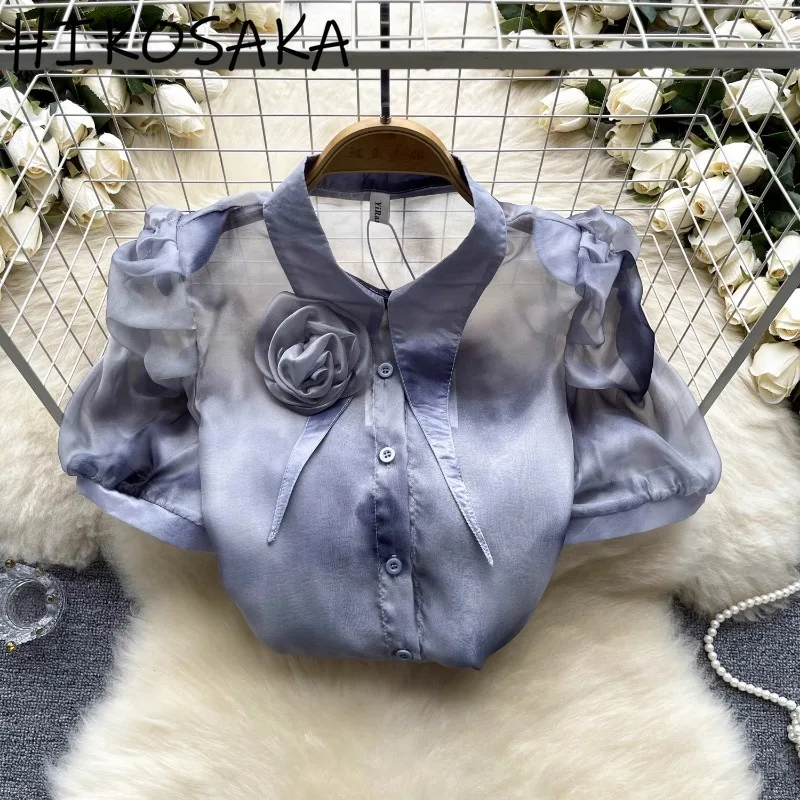 

Fashion Tie Dye Puff Sleeve Gauze Shirts Pointed Collar 3d Flower Single Breasted Blouse 2024 Summer New All-match Blusas Mujer