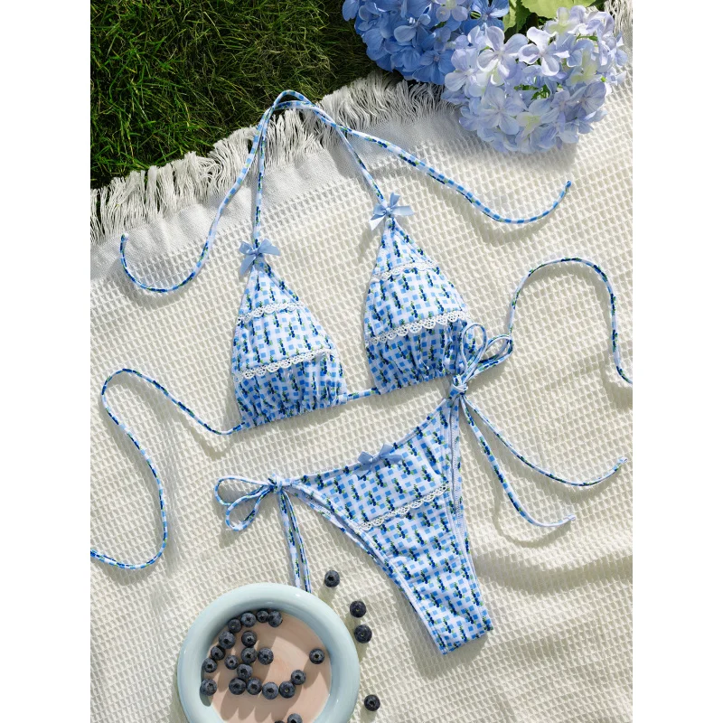 جديد لينة حقيبة مطبوعة الدانتيل تقليم القوس الديكور رقيقة حزام الرسن التعادل عارية الذراعين حزب بيكيني مجموعة