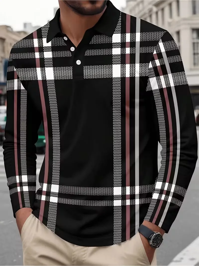 2026 autumn and winter new men's long sleeved polo shirt, with a stylish and simple striped top with a button over collar